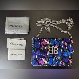Balenciaga Purple Multicolor Floral Print Velvet BB Wallet On Chain Bag
